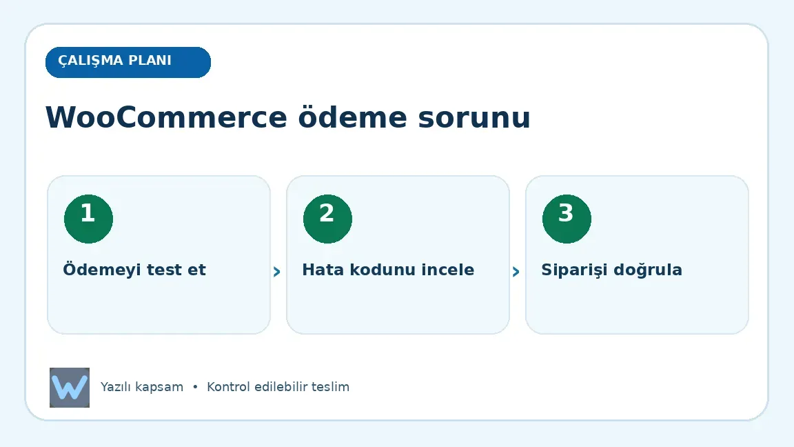 WooCommerce ödeme sorunu: Ödemeyi test et, Hata kodunu incele, Siparişi doğrula aşamalarını açıklayan görsel